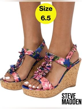 STEVE MADDEN 💐 Floral Ruffle Cork Wedges (Women’s Size 6.5)